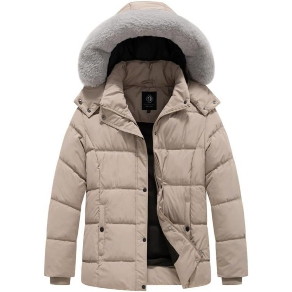 Women's Removable Hooded Warm Quilted Puffer Fur Jacket Coat Khaki Winter Warm